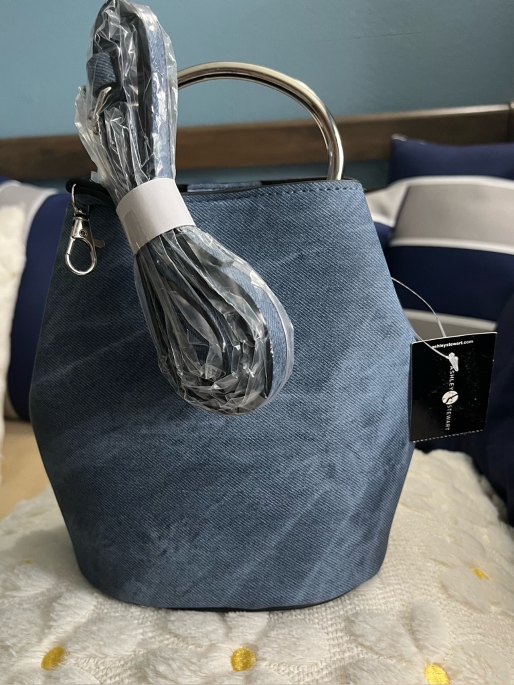 Ashley Stewart Denim Blue Bucket Handbag with Metal Handle & crossbody NWT.